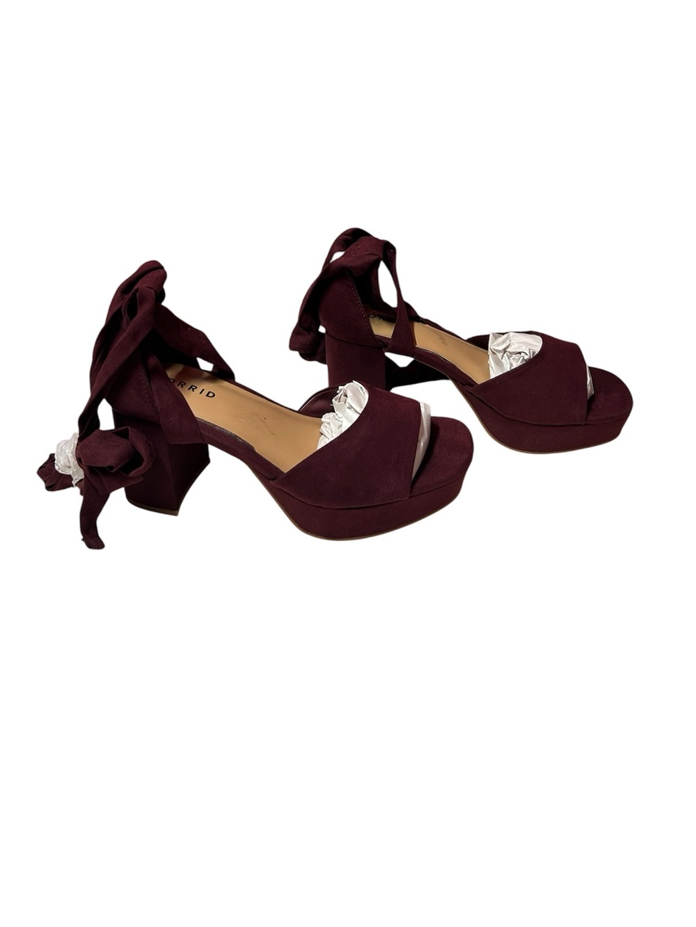 TORRID burgundy velvet platform sandals wrap-around Ankle Tie EXTRA WIDE chunky